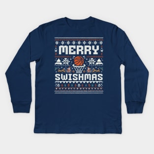 Merry Swishmas - Funny Christmas Basketball Swish Ugly Sweater Kids Long Sleeve T-Shirt